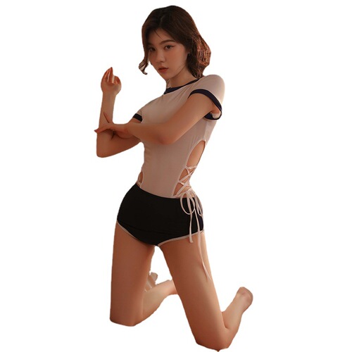 Cute Campus Jumpsuit with Open Crotch, Sexy Uniform, Passionate Midnight Charm, and Alluring Ensemble