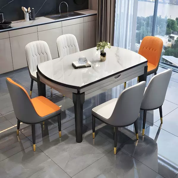 Slate Dining Table and Chair Combination Modern Simple Household Small Apartment Light Luxury Dining Table Variable Round Table Telescopic Solid Wood Dining Table