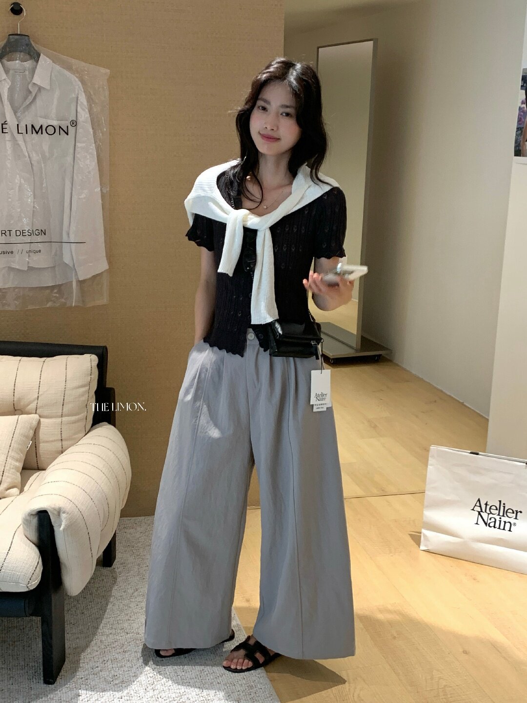 Quần culottes nữ ống rộng cạp cao dáng suông phong cách tối giản — màu đen, Xám cacbon, Xám bạc, màu trắng chi tiết 11