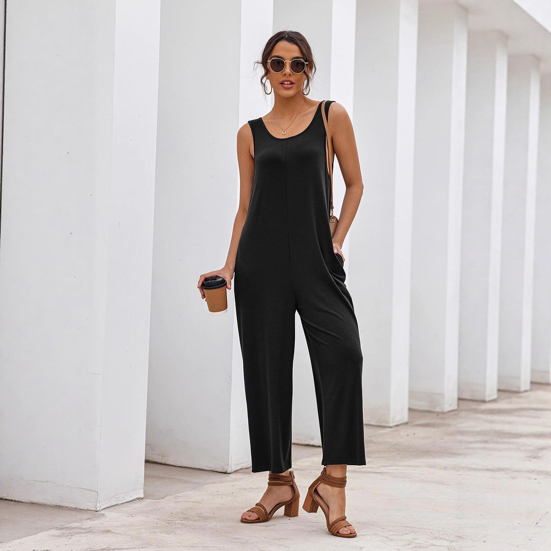 2024 Comercio exterior transfronterizo Amazon Europa y América del verano de las mujeres Sling flojo recto color sólido pierna ancha pantalones de una pieza liguero