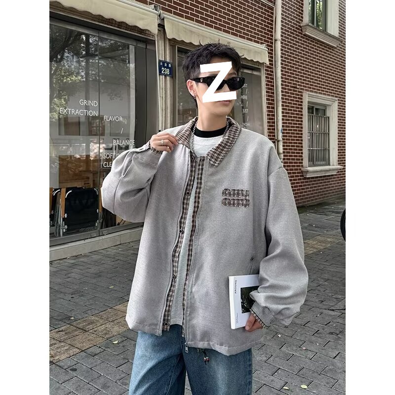 American Heavyweight Gray Air Layer Baseball Jacket Men's Spring Simple Loose Versatile Cardigan Jacket Blue