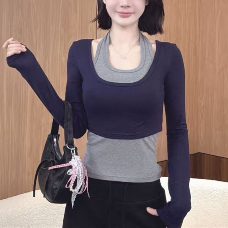 拼接假两件挂脖长袖T恤女2025秋季新款露锁骨设计感小众显瘦上衣|undefined