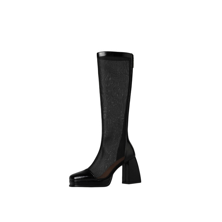 Boot nữ mũi vuông da bò lưới thoáng khí gót dày có khóa kéo sau đế chống nước — đen, mơ chi tiết 9