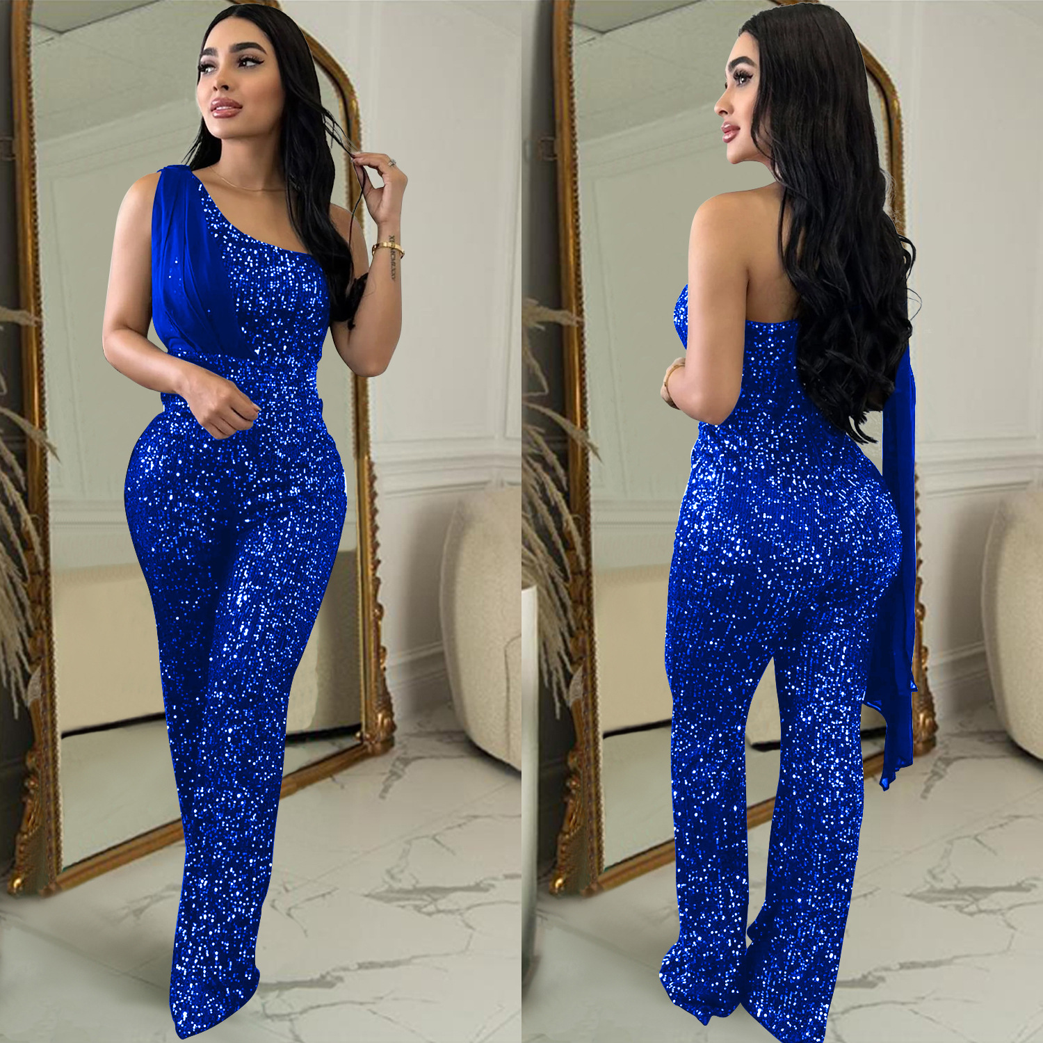 C6778 transfronteriza AliExpress Amazon de moda europea y americana de las mujeres de color sólido sin mangas de un solo hombro pantalones de lentejuelas mono