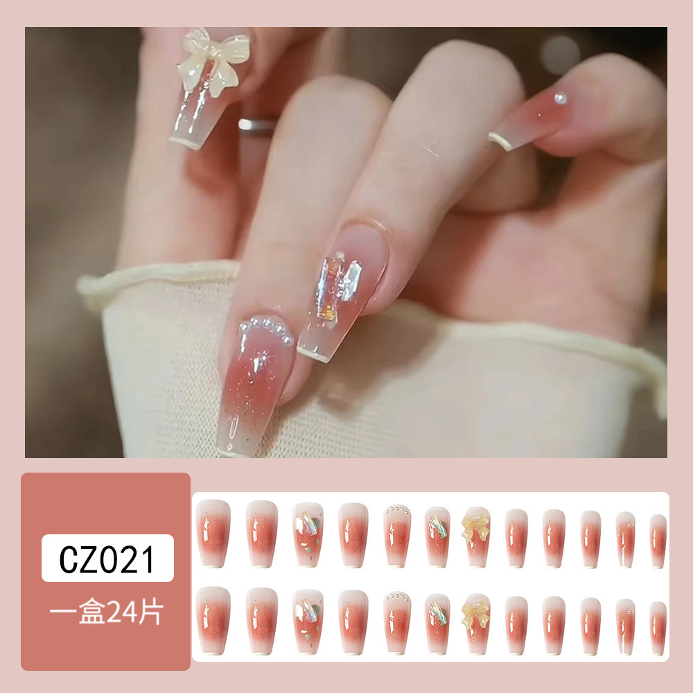 Armadura de vestir de moda degradada al por mayor de diamantes rotos lazo de perlas uñas de uñas 24 piezas uñas simples con incrustaciones de diamantes