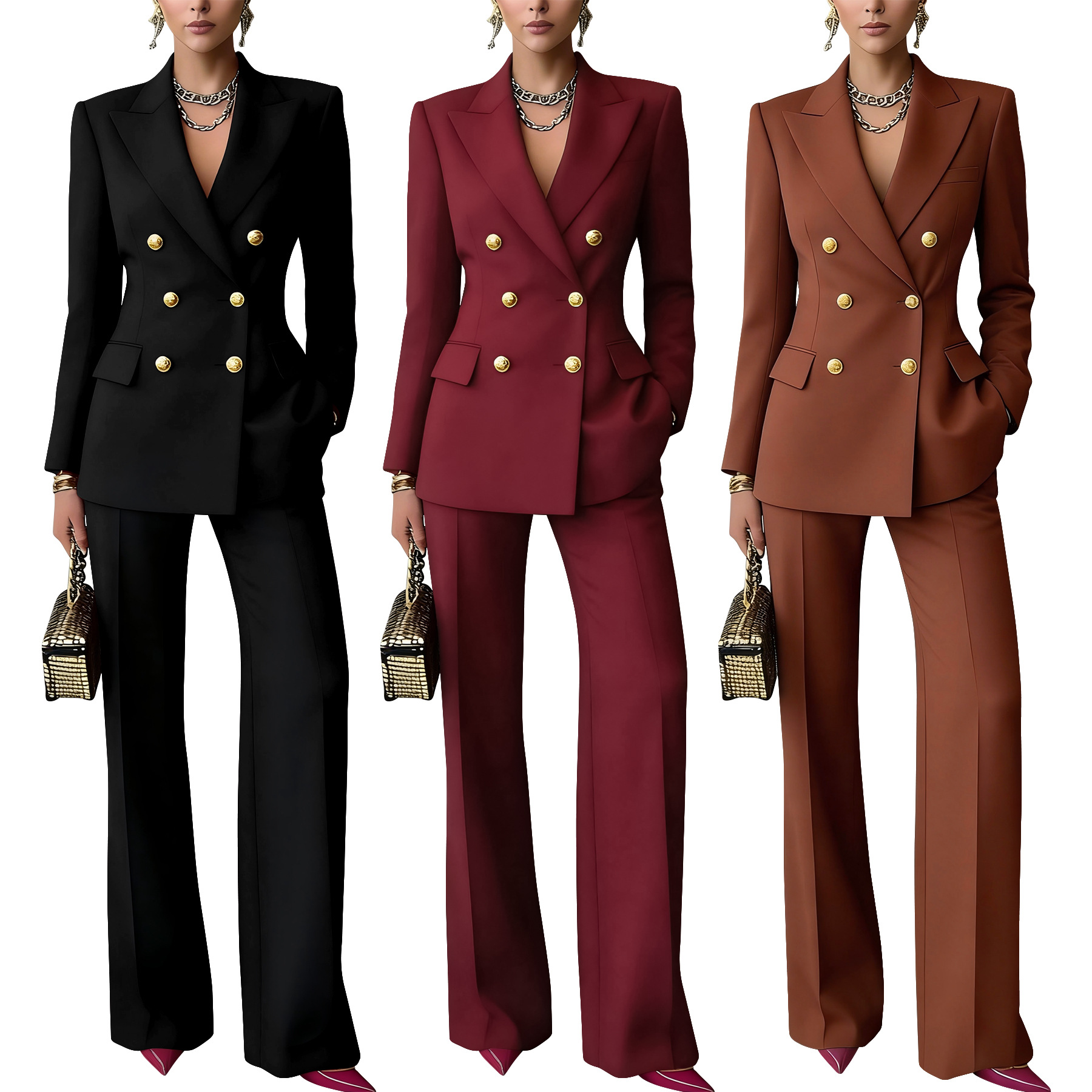 980 Solid-Color Buttoned Suit Trousers Professional Set