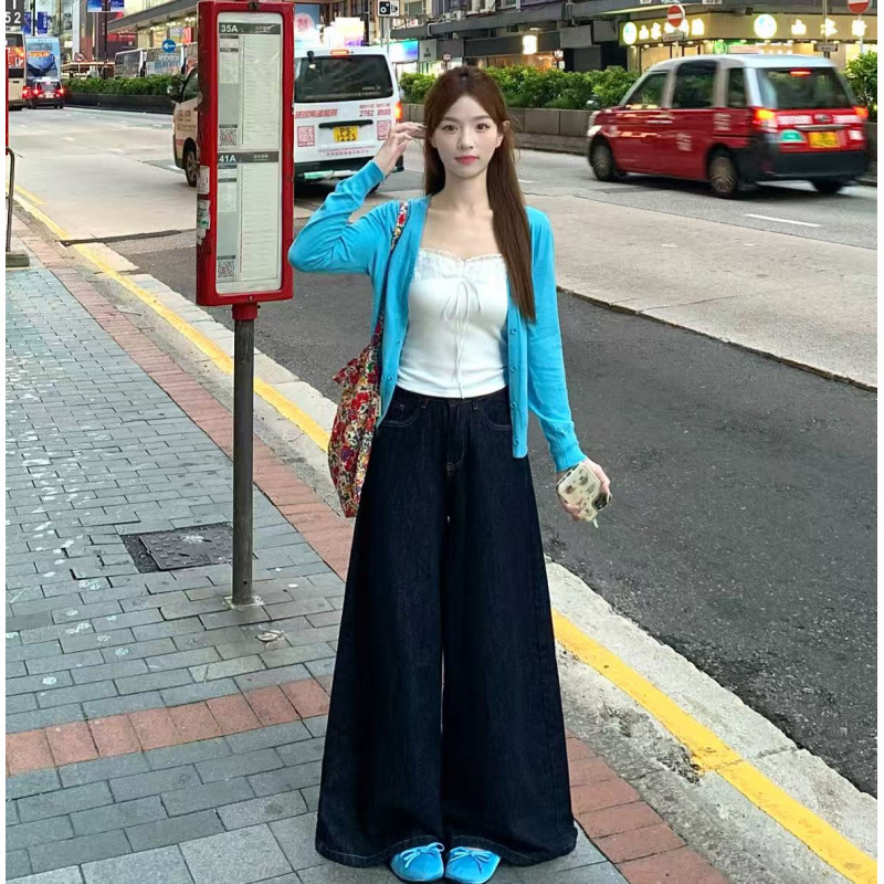 原创V领蓝色花边针织开衫女2025早秋新款小个子修身短款三件套装|undefined