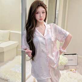 2026新款粉色卡通蕾丝冰丝睡衣女夏款短袖短裤家居服甜美外穿睡衣