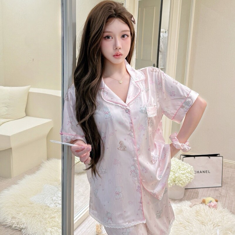 2026 New Pink Cartoon Lace Ice Silk Pajamas for Women, Summer Short-Sleeved Shorts, Home Clothes, Sweet Outerwear Pajamas