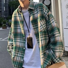 高品质帅气长袖格子衬衫春秋男生宽松潮流小清新情侣休闲撞色外套