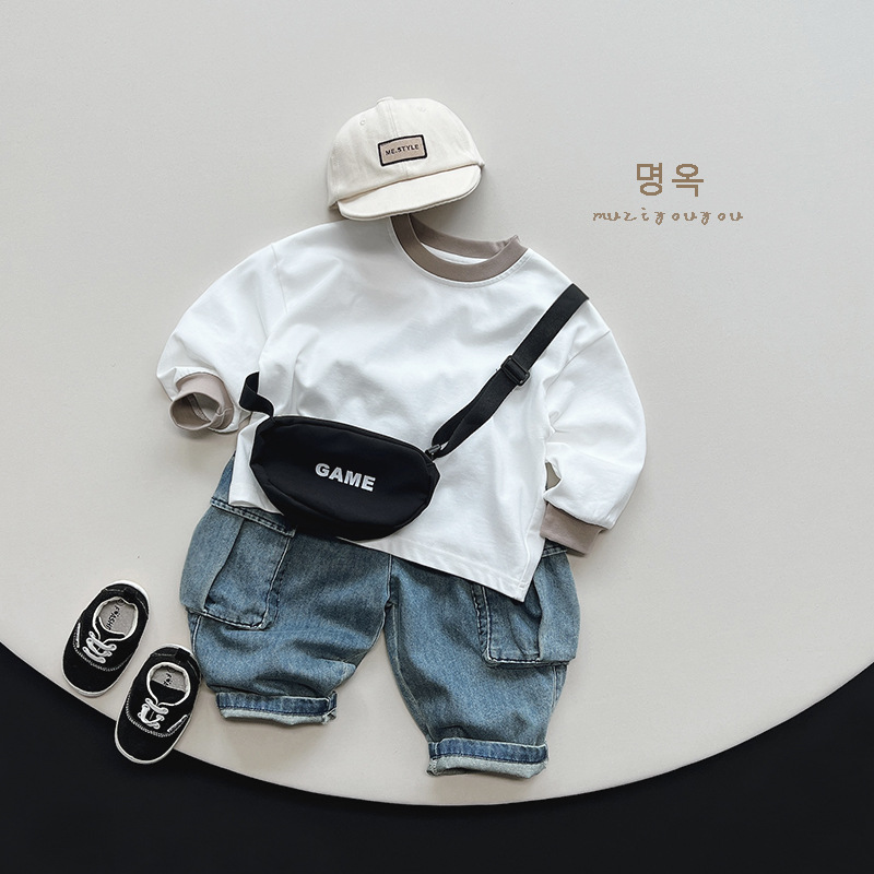 Camiseta de manga larga simple para niños y niñas primavera nueva tapa de algodón puro para niños ropa de estilo coreano Zhejiang Huzhou