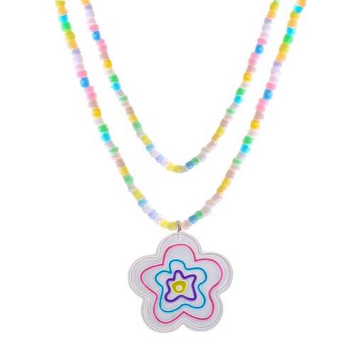 Double-layered stacked sweet and cool style necklace, cute heart-shaped star pendant, girlish floral colorful beaded necklace accessory
