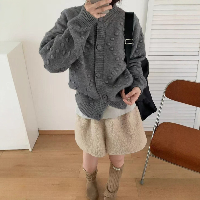 慵懒风纯色鼓包设计感高级感针织开衫女秋冬季宽松别致毛衣外套|undefined