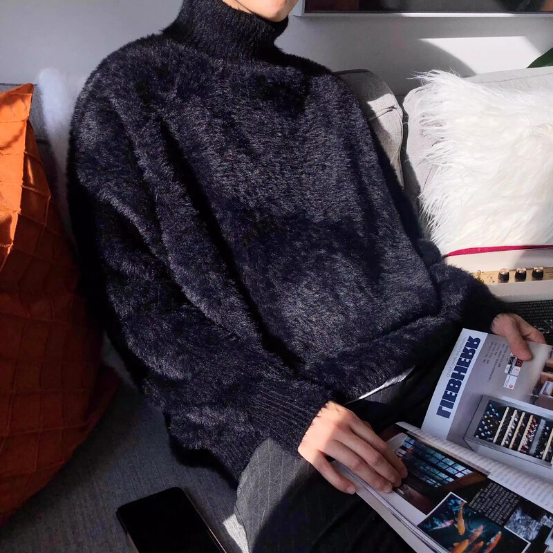 Winter Mink Fluffy Turtleneck Sweater Men's Korean-style Fashionable Soft Waxy Men's Casual Loose Plush Sweater