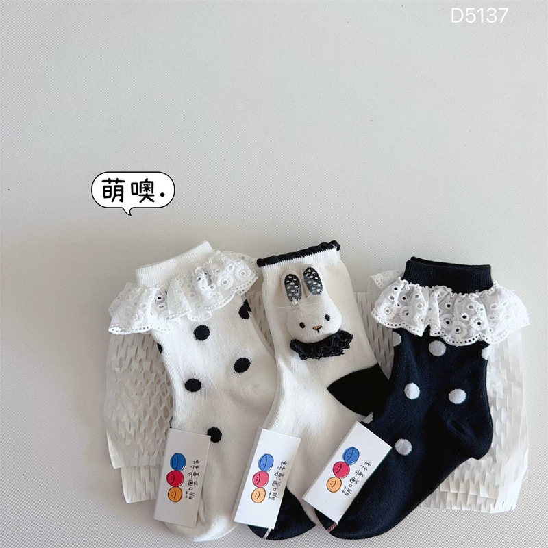 1萌噢2025秋冬中筒袜女宝童袜韩系小兔波点蕾丝棉袜2-12岁D5137|undefined