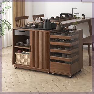 # Solid Wood Tea Table, Movable Living Room Tea Cabinet, Water Boiling Integrated Normcore Coffee Table, Side Table, Balcony Small Tea Table with Wheels