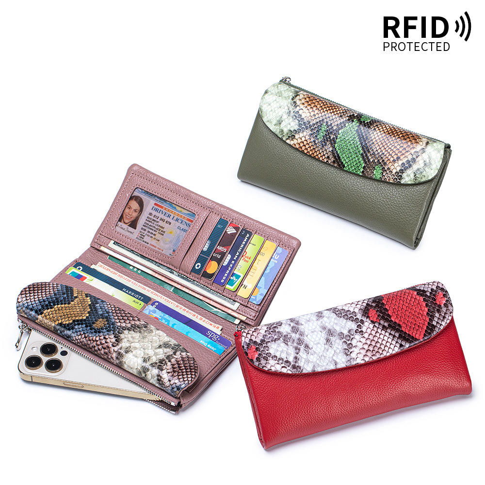 New Genuine Leather Women's Wallet Luxury Large Capacity Tri-fold RFID Soft Leather Snake-print Clutch - Thumbnail 5