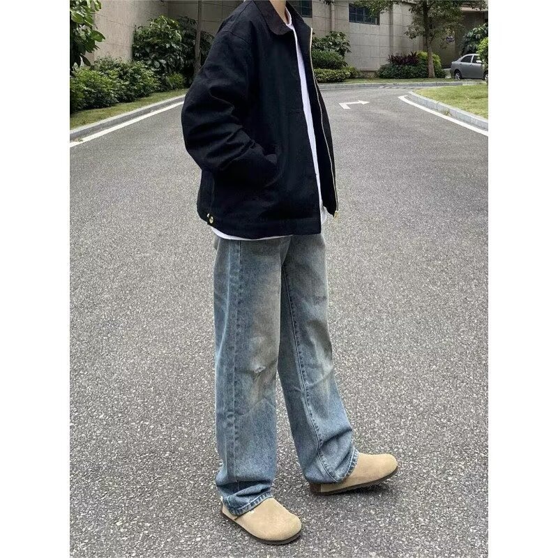 美式复古休闲宽松直筒牛仔裤男水洗做旧百搭半松紧腰长裤潮流新款主图