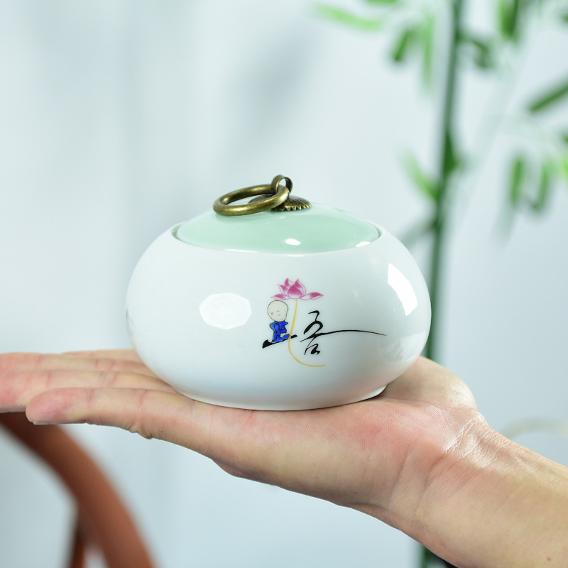 Zen-inspired round small tea canister, ceramic airtight canister for practicing Zen, Chinese Pu-erh and black tea dry fruit storage canister