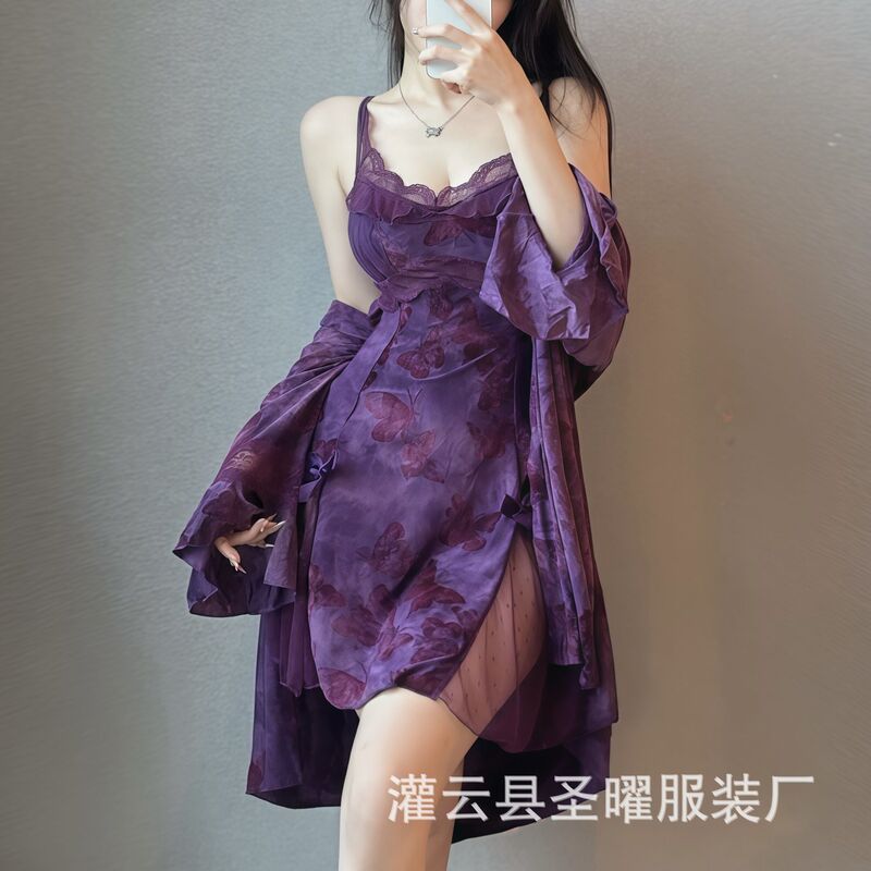[Explosion] Sexy Pajamas with Deep V Temptation and Breast Pads, Sexy Nightgown and Robe Set, Purple Pure Lust Printed Ice Silk