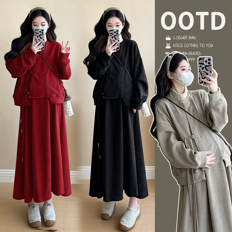 Реальный спот новый китайский стиль платья для беременных осенью и зимой плюс бархатный вельвет маленький мужчина для беременных