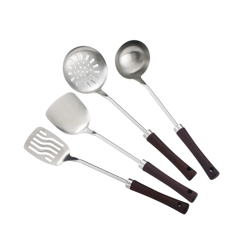 304 espátula de acero inoxidable espátula plana cuchara de sopa colador mango de madera cocina del hogar cocina espátula pequeña cintura conjunto de cuatro piezas