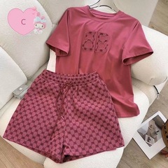 人気の新型夏の新型韓国対外貿易越境レジャースーツ女性刺繍半袖半ズボン2点セット卸売り