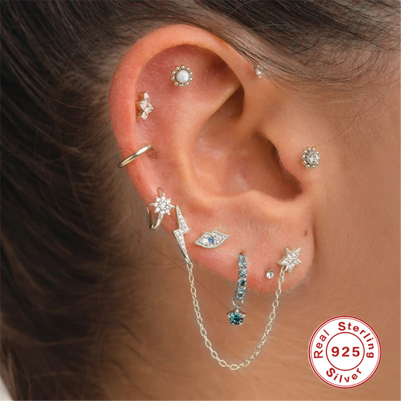 Nueva moda ins simple labio ojo diamante s925 plata esterlina 16G cabeza plana hilo piercing cartílago espárragos