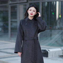 大气加长款羊毛双面呢立领纯色系带毛呢加厚大衣外套女秋冬新款