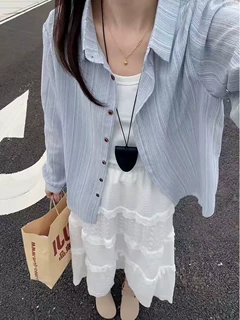 韩系复古蓝色条纹衬衫女2026春季氛围感叠穿气质薄款长袖防晒衬衣