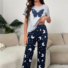 亚马逊2024年最新爆款蝴蝶休闲舒适亲肤圆领短袖居家女士睡衣套装