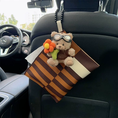 Car tissue box/set – chair back sun visor car - coffee-sweater-flower-bear-brown-striped-tissue-bag