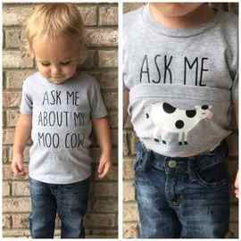 涤纶T恤ask me about my moo cow可爱搞笑儿童上衣短袖跨境