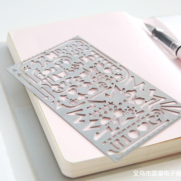 金属手帐尺绘图模板尺 多功能镂空手账尺子 不锈钢直尺镂空DIY
