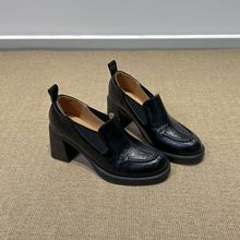 羊纹2025秋季新款真皮乐福鞋英伦风加绒小皮鞋8CM粗跟高跟单鞋女