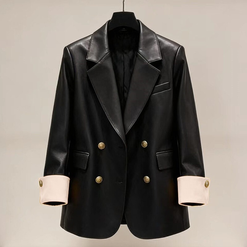 New Trendy Black Pu Leather Jacket for Women, Plus Size, Korean Style Fashion 2026, Mid-Length Loose-Fitting Leather Blazer for Women
