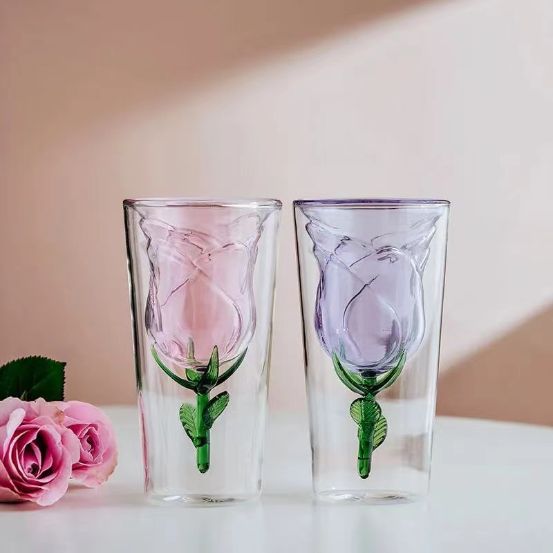 Día de San Valentín romántico Rosa doble copa de vino tinto vidrio de borosilicato creativo copa de champán de cristal de dos piezas