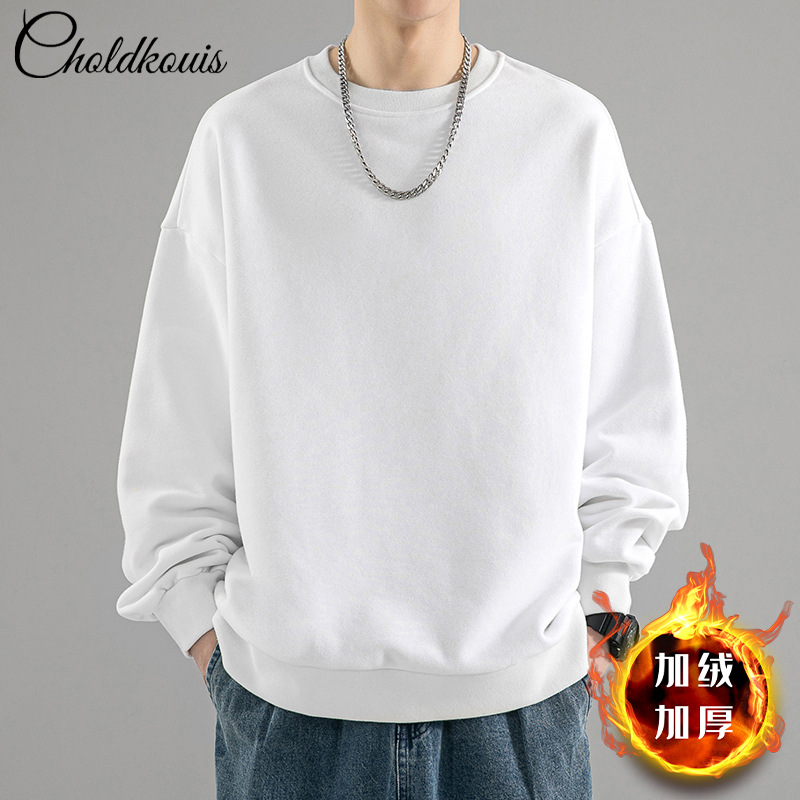 화이트 라운드넥 스웨트셔츠와 벨벳 스타일 - 솔리드 컬러 [GL]