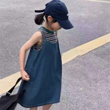夏季新款套装韩版洋气女童牛仔背带裙上衣无袖条纹背心两件套2806