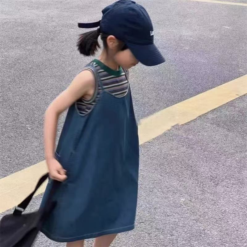 夏季新款套装韩版洋气女童牛仔背带裙上衣无袖条纹背心两件套2806