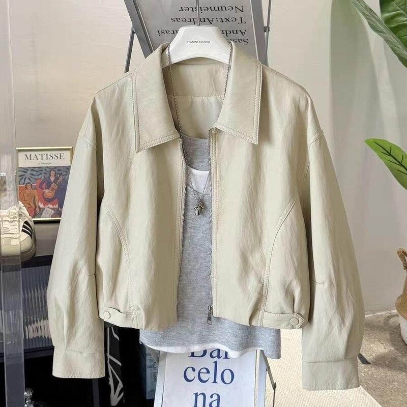 Fashionable and versatile short leather jacket with a turn-down collar for women, 2026 autumn and winter new style, slimming for petite figures, PU leather jacket