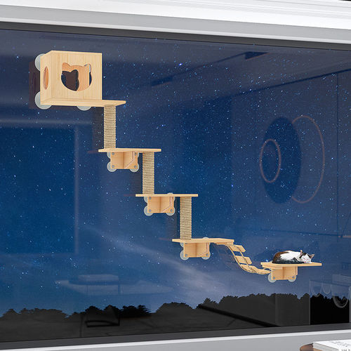 Solid wood cat wall suction cup cat climbing frame glass cat wall punch-free wall-type jumping platform springboard ladder cat furniture white