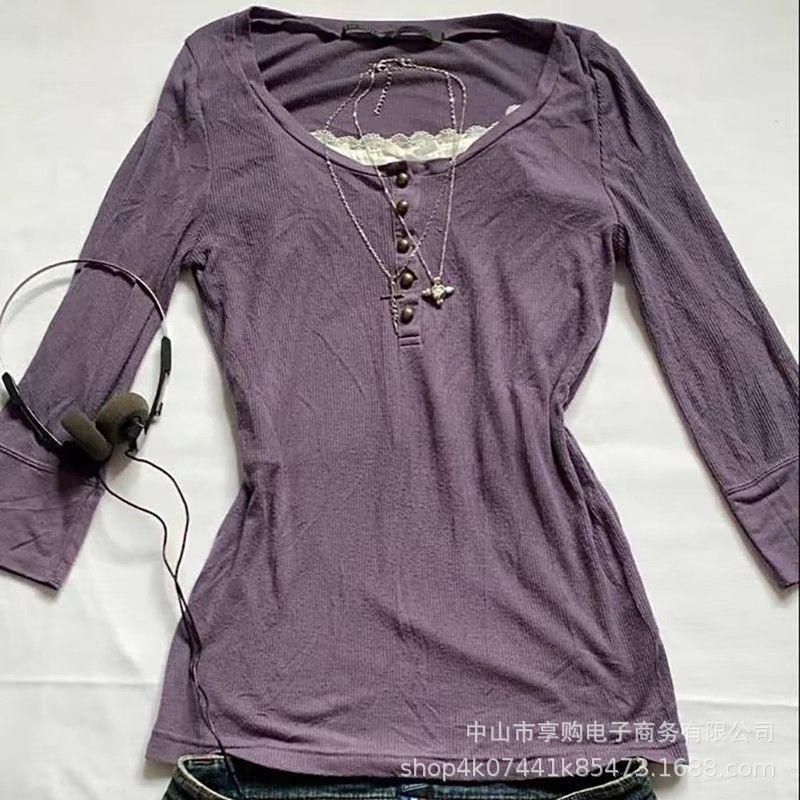 Foreign trade autumn/winter Y2K European and American casual style lace patchwork versatile round-neck long-sleeve T-shirt for women Foreign trade autumn/winter Y2K European and American casual style lace patchwork versatile round-neck long-sleeve T-shirt for women