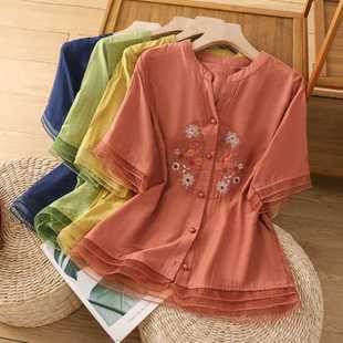 Real Shot of Retro Tencel Hemp Chinese Style Embroidered Shirt for Women Double Layer Organza Splicing Mid-Sleeve Cardigan Top Thin