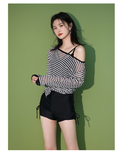 Split three-piece swimsuit women's long-sleeved sun protection cover-up boxer briefs slimming stripes conservative hot spring swimmers only