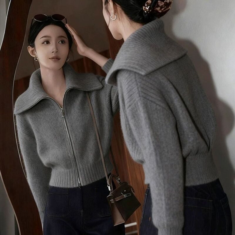 Gray Lapel Waist Knitted Cardigan Sweater Jacket for Women 2025 New Autumn and Winter Lazy High-End Korean Top