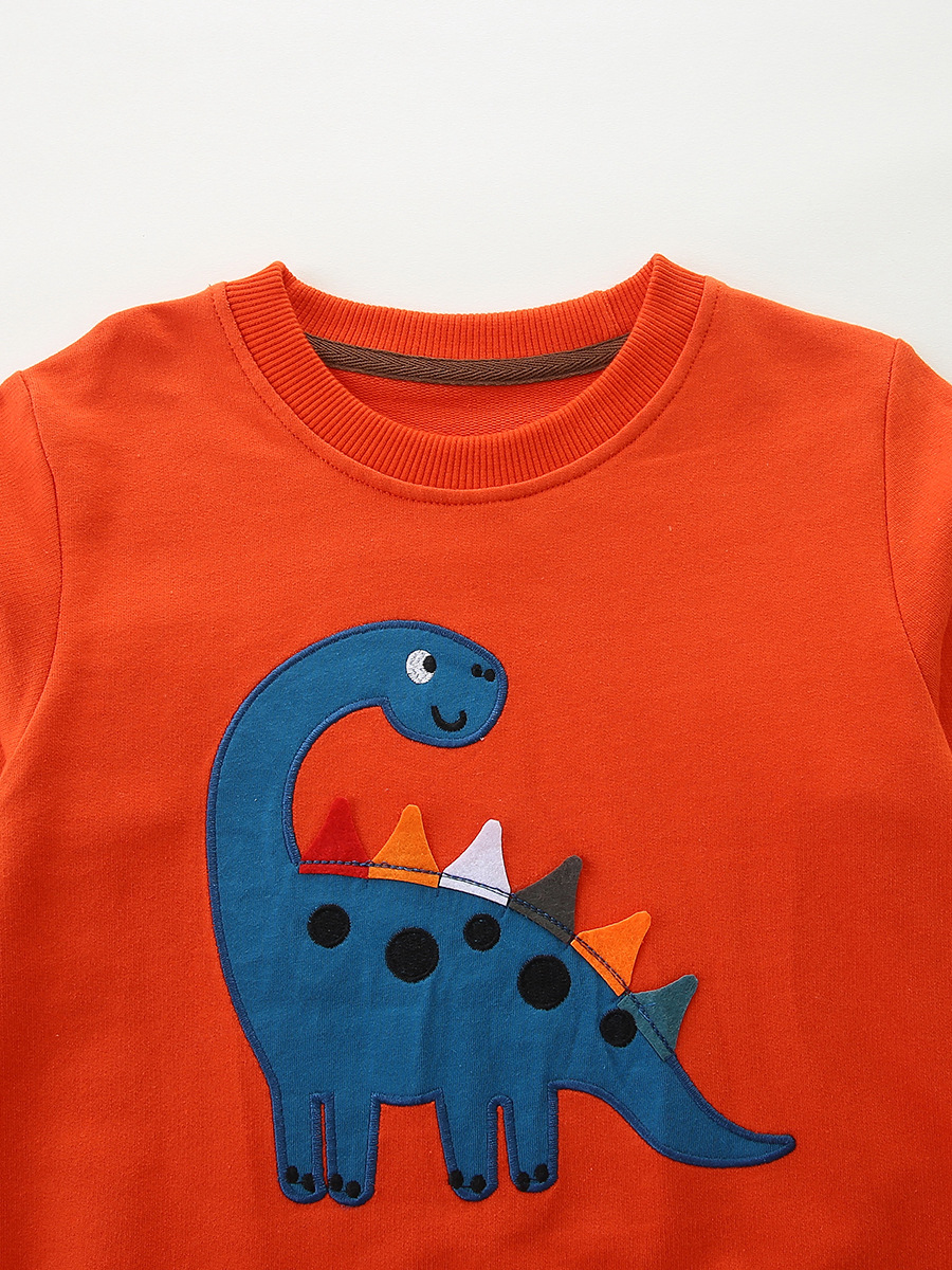 26 otoño niño suéter de dibujos animados dinosaurio pegatina de manga larga niño suéter de punto de algodón cuello redondo sudadera infantil lote mixto