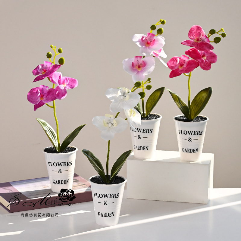 Flores falsas orquídeas mariposa impresión de serigrafía pequeña flor de bonsai decoración del hogar fotografía flores verdes artificiales adornos de boda