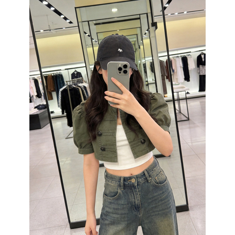 Hong Kong-Style Spicy Girl Fashion Double-Breasted Short Jacket, Slim-Fit Mature Style with Lapel and Puff Sleeves