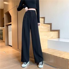 黑色西装裤女春秋薄款韩版高腰垂感显瘦直筒宽松阔腿拖地休闲长裤